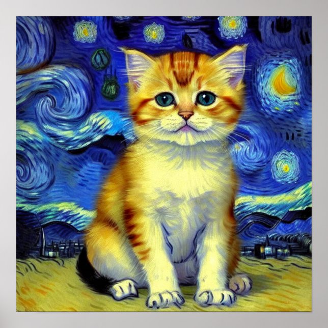 Cute Kitten Starry Night Van Gogh Poster (Framsidan)