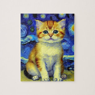 Cute Kitten Starry Night Van Gogh Pussel
