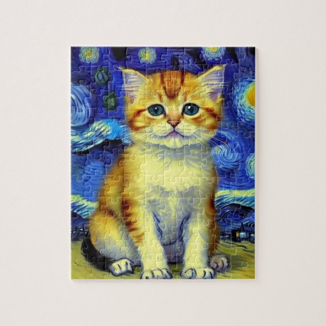 Cute Kitten Starry Night Van Gogh Pussel (Vertikal)