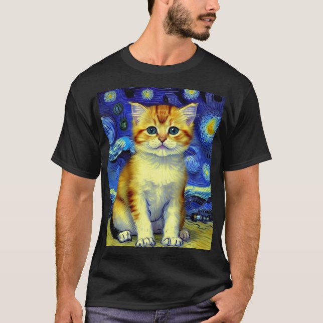 Cute Kitten Starry Night Van Gogh T Shirt (Framsida)