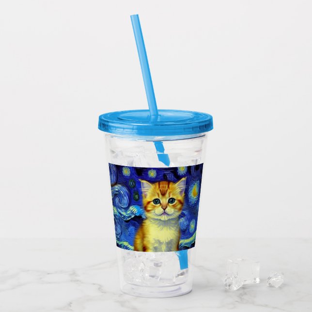 Cute Kitten Starry Night Van Gogh Take Away Mugg (Framsida Ice)