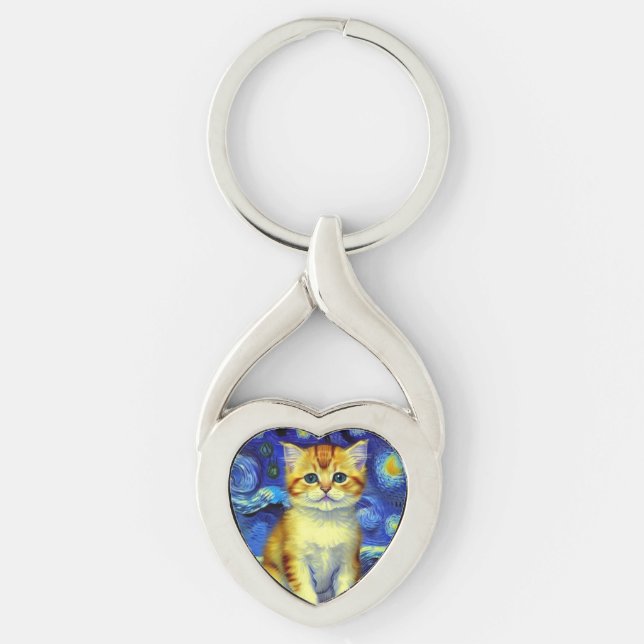 Cute Kitten Starry Night Van Gogh Twisted Heart Silverfärgad Nyckelring (Framsidan)