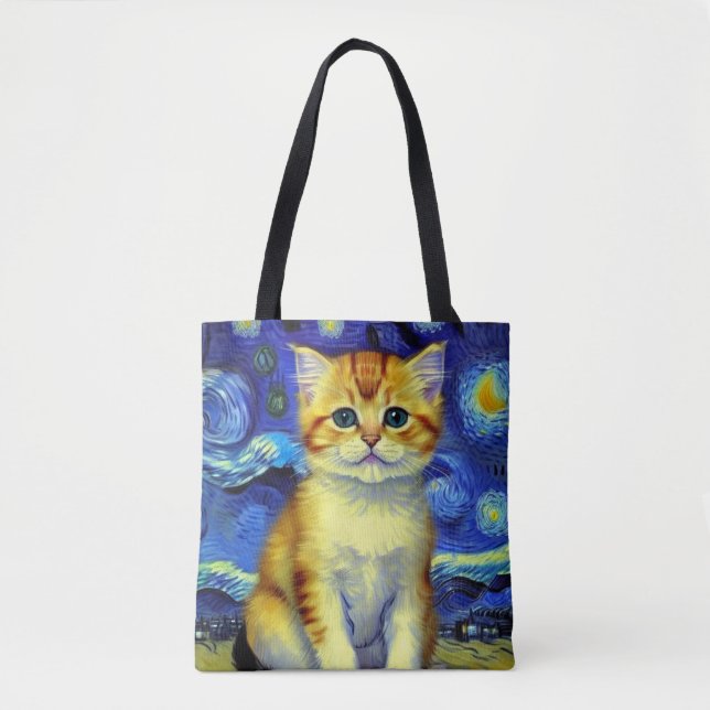 Cute Kitten Starry Night Van Gogh Tygkasse (Framsida)