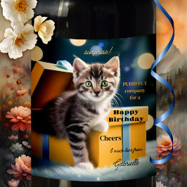 Cute Kitten Surprise Birthday Vinflaska Etikett