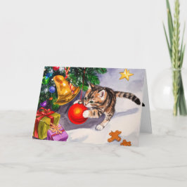 Cute Kitten Swinging On Christmas Tree Ornaments Helgkort