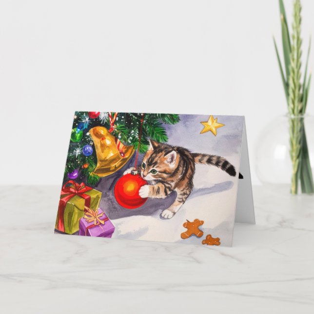 Cute Kitten Swinging On Christmas Tree Ornaments Helgkort (Framsida)