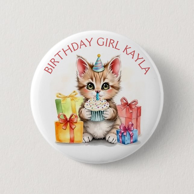 Cute Kitten theme Birthday Girl Personlig Knapp (Framsida)