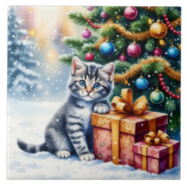 Cute Kitten Under Christmas Tree Kakelplatta