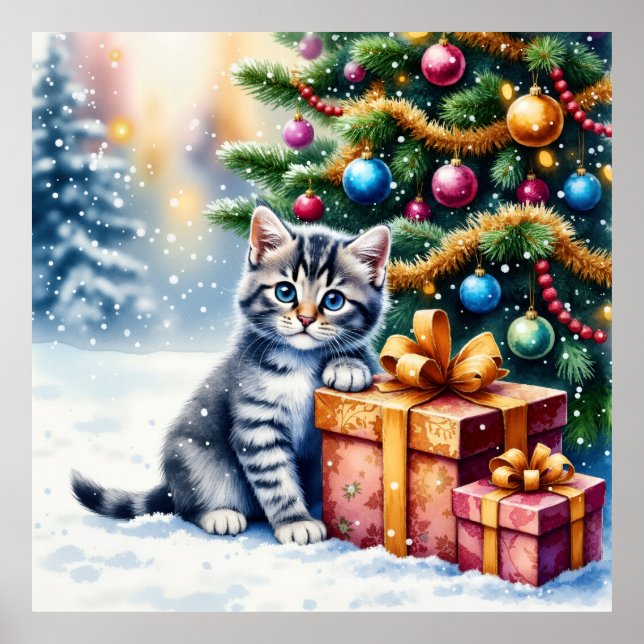 Cute Kitten Under Christmas Tree Poster (Framsidan)