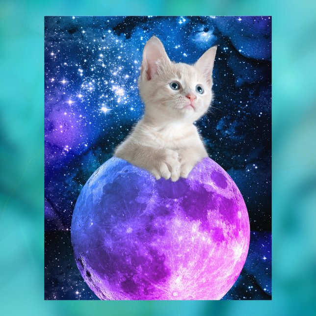 Cute Kitten vid Måne, Glowing Stars, Universe Fototryck (Skapare uppladdad)