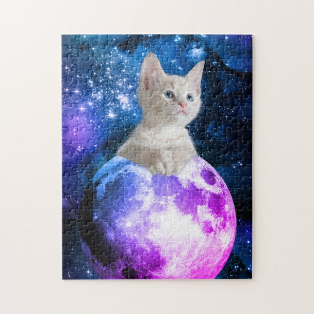 Cute Kitten vid Måne, Glowing Stars, Universe Pussel (Vertikal)