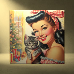 Cute Kitten Vintage Pin Up Kakelplatta
