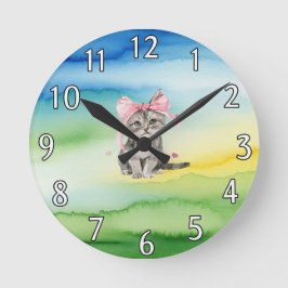 Cute Kitten Wall Clock med Rosa Bow Rund Klocka