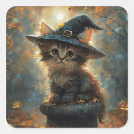 Cute Kitten Wearing a Witch Hat Fyrkantigt Klistermärke
