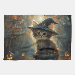 Cute Kitten Wearing a Witch Hat Kökshandduk