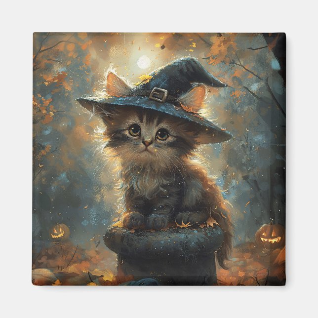 Cute Kitten Wearing a Witch Hat Magnet (Framsidan)