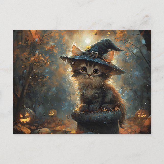 Cute Kitten Wearing a Witch Hat Vykort (Framsida)