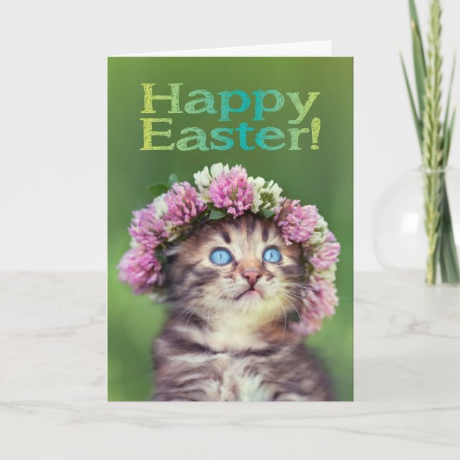 Cute Kitten Wearing Flowers på hennes huvud Påsk Kort (Framsida)