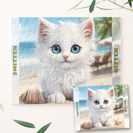 Cute Kitten White Cat Beach Sommarens eget namn Pussel