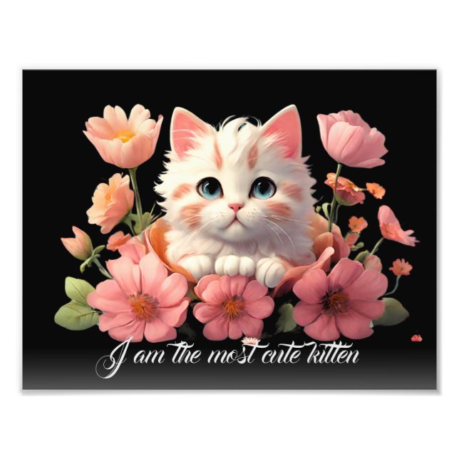 Cute Kitten White Cat in Flower Black Personlig Fototryck (Framsidan)