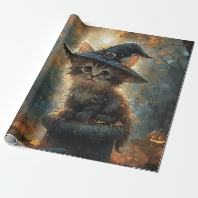 Cute Kitten Witch Hat Decoupage Presentpapper (Utrullad)