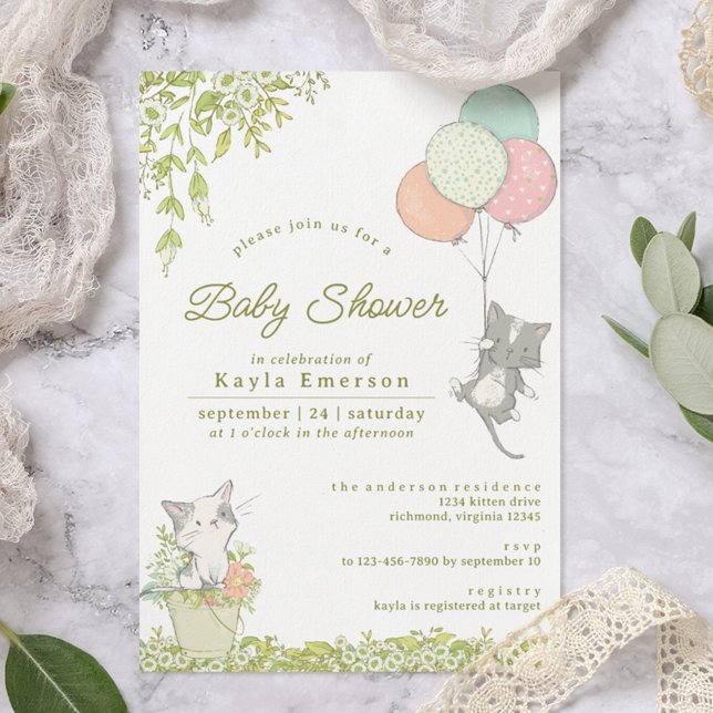 Cute Kittens & Blommigt | Neutralt Vår Baby Shower Inbjudningar (Skapare uppladdad)