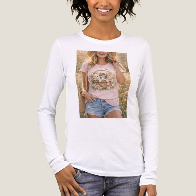 Cute Kittens Floral Graphic Girls  T-Shirt (Framsida)