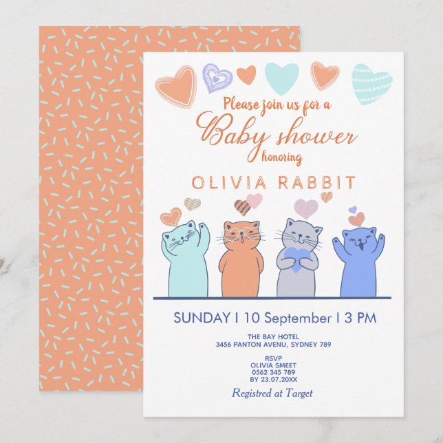 Cute Kittens Hearts Rosa Blue Baby Shower Inbjudningar (Fram/baksida)