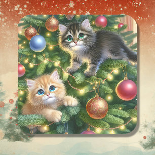 Cute Kittens i Julgran Fyrkantigt Klistermärke