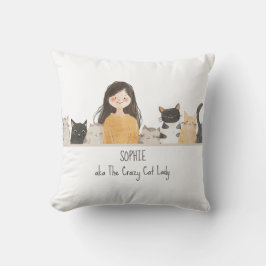 Cute Kittens Illustration Crazy Cat Dam med Namn Kudde