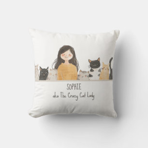 Cute Kittens Illustration Crazy Cat Dam med Namn Kudde