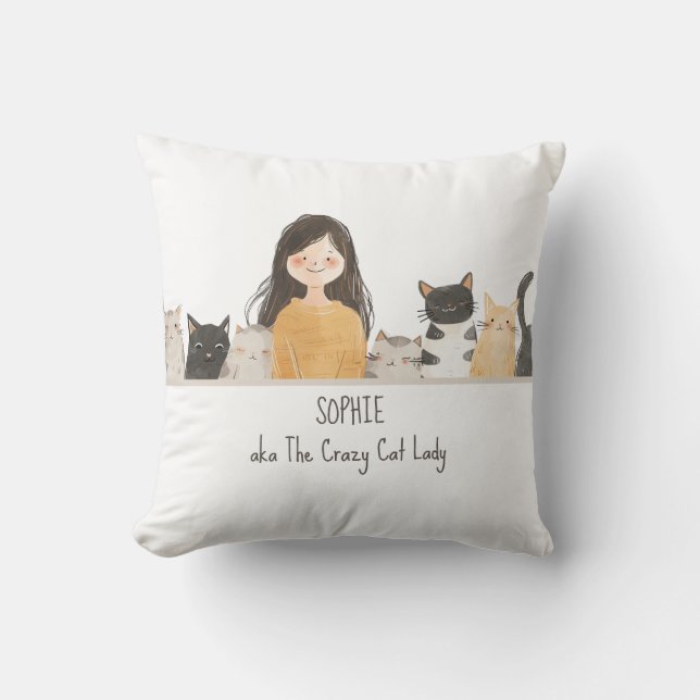 Cute Kittens Illustration Crazy Cat Dam med Namn Kudde (Framsida)