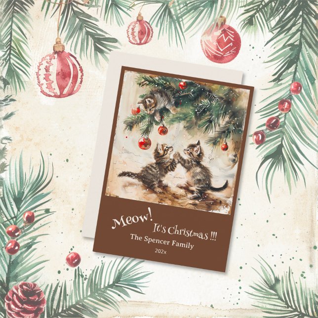 Cute Kittens på Julgran Julkort (Cute Kittens Christmas Tree Flat Card)