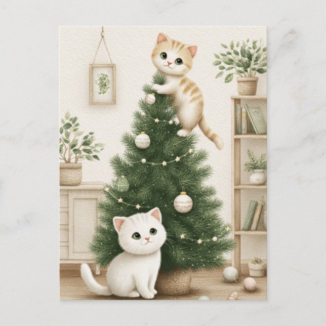 Cute Kittens Playing with Christmas Tree  Helg Vykort (Framsida)