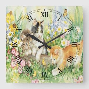 Cute Kittens Square Roman Numerals Clock Fyrkantig Klocka