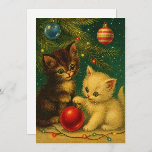 Cute Kittens Under Christmas Tree Retro Julkort (Fram/baksida)