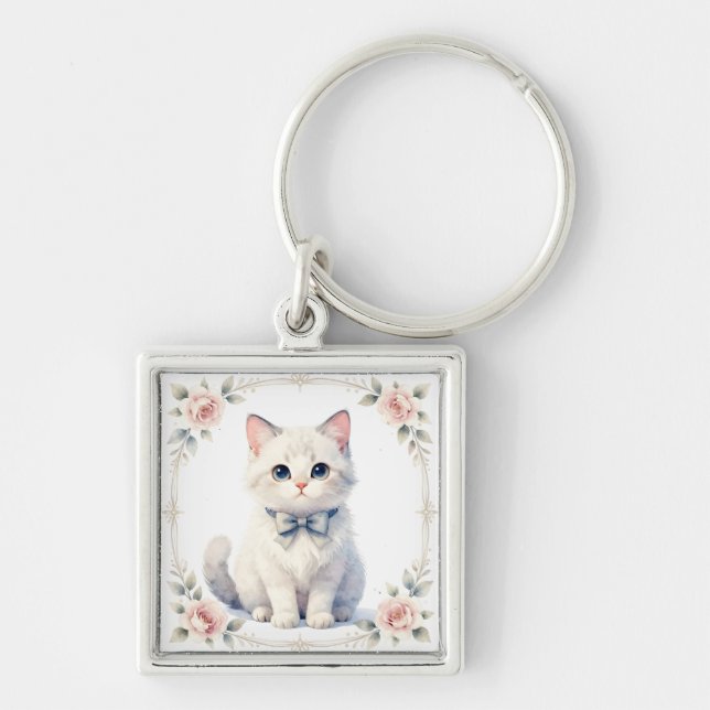 cute kitty cat keychain fyrkantig silverfärgad nyckelring (Framsidan)