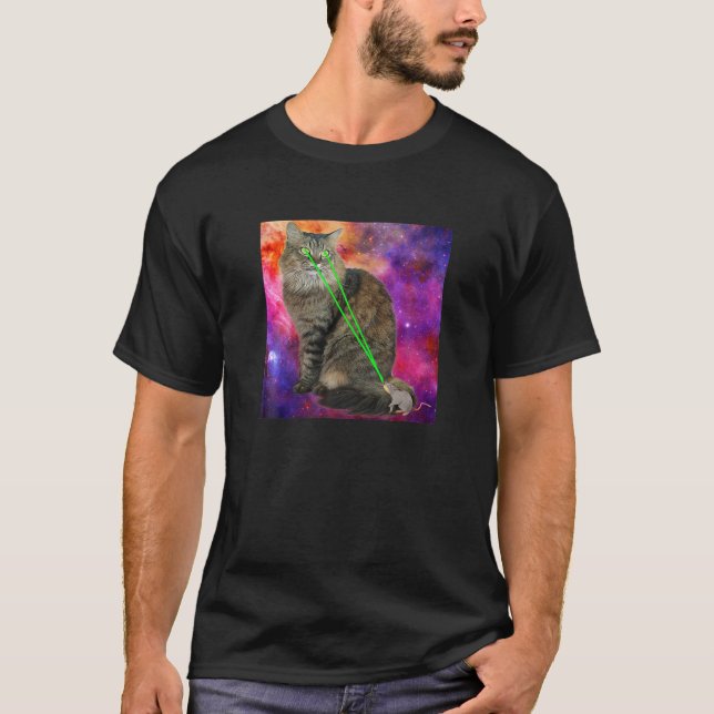Cute Kitty Cat With Laser Beam Eyes Galaxy Backgro T Shirt (Framsida)