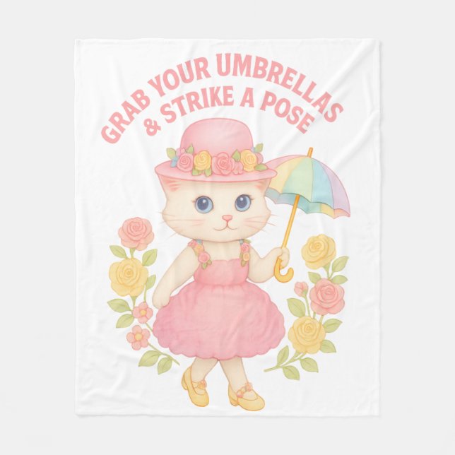 Cute Kitty in Pink Dress – Umbrella Pose Fleecefilt (Framsidan)