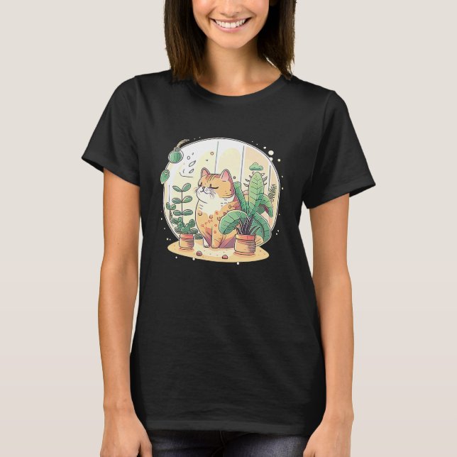 Cute Kitty Loves House Plants T Shirt (Framsida)