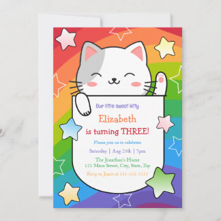 Cute Kitty Stars Colorful Wavy Stripes Birthday Inbjudningar
