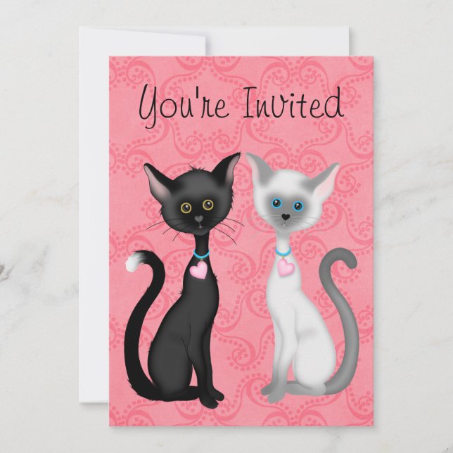Cute Kity Cats Rosa, Black, White Birthday Inbjuda Inbjudningar (Framsida)