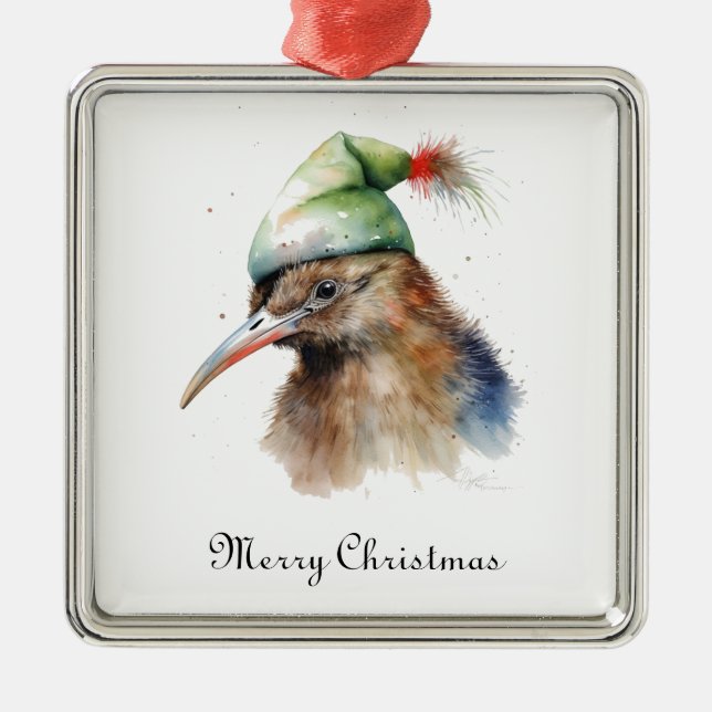 Cute Kiwi Bird i jul Elf Hat, anpassningsbar Julgransprydnad Metall (Framsidan)
