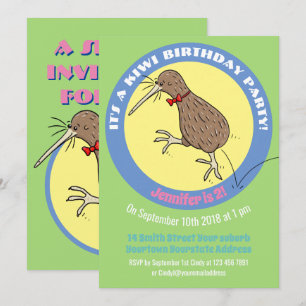 Cute kiwi-hoppande tecknad inbjudningar