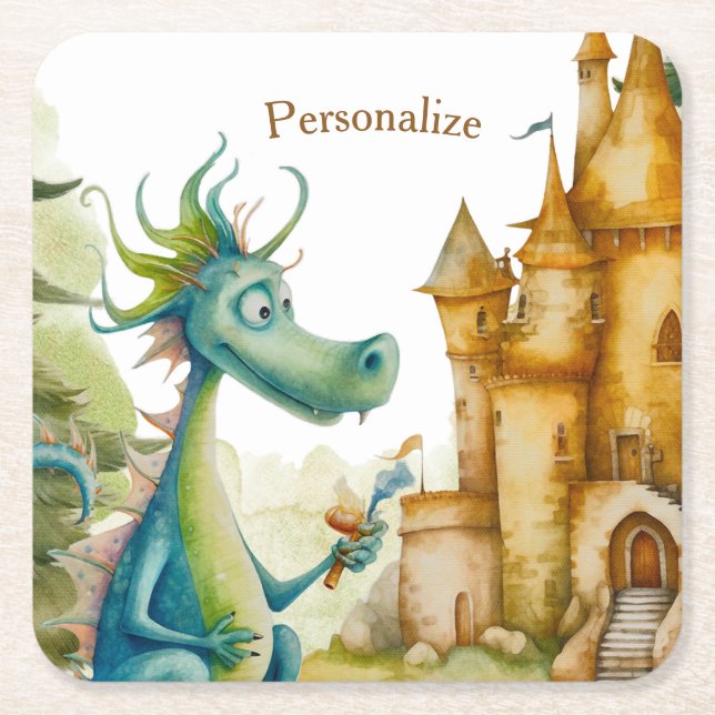 Cute Knight Dragon Castle Födelsedagsfest Kids Underlägg Papper Kvadrat (Framsidan)