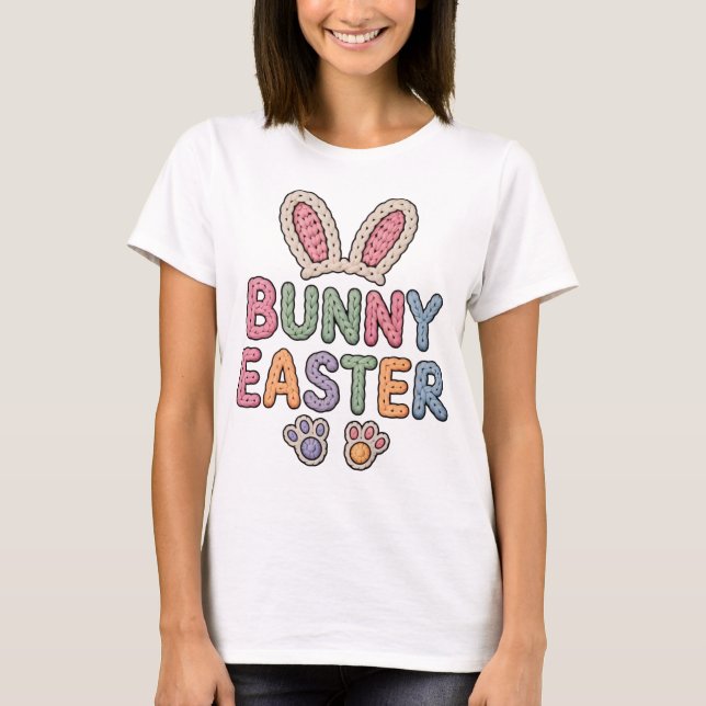 Cute Knitted Bunny Easter Puff Texture Pastel Typo T Shirt (Framsida)