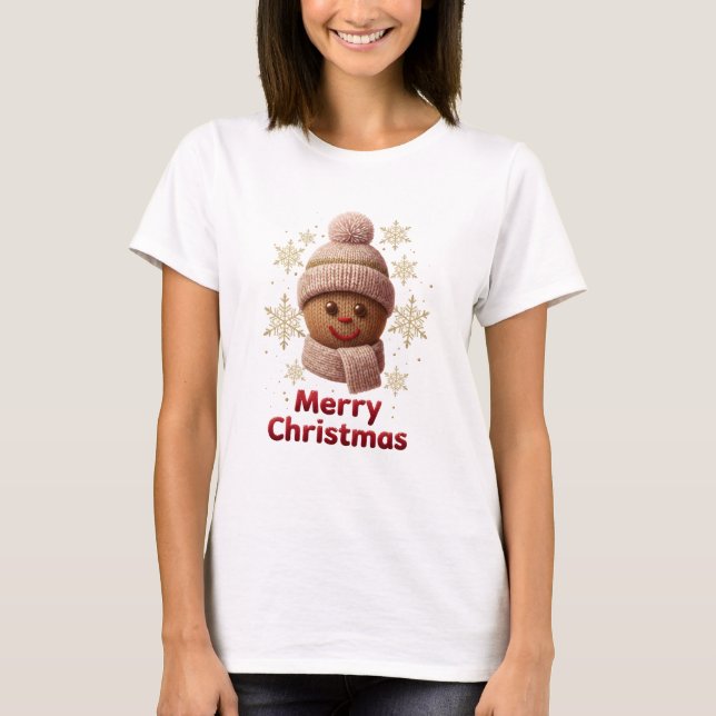 Cute Knitted Gingerbread Merry Christmas T-Shirt | (Framsida)