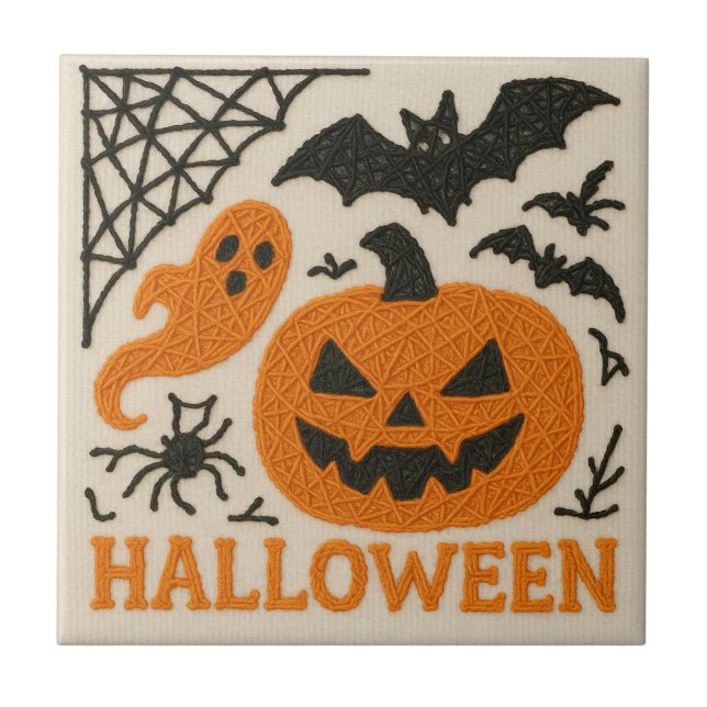 Cute Knitted Pumpkin Bat Halloween Kakelplatta (Framsidan)