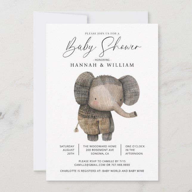 Cute Knitten Safari Elephant Baby Shower Inbjudningar (Framsida)