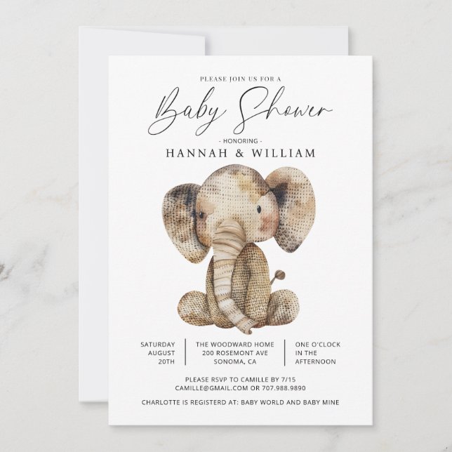 Cute Knitten Safari Elephant Baby Shower Inbjudningar (Framsida)